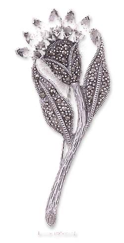 
Sterling Silver Marcasite Flower Pin Red Cubic Zirconias - 2 1/2 Inch
