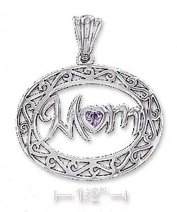 
Sterling Silver 21x26mm Mom Pendant With Purple Cubic Zirconia Heart Scroll Border

