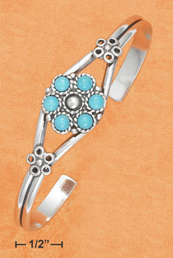 
Sterling Silver Open Wire Cuff Simulated Turquoise Flower Design Center Bracelet
