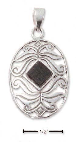 
Sterling Silver Oval Filigree Diamond-Shaped Simulated Onyx Pendant
