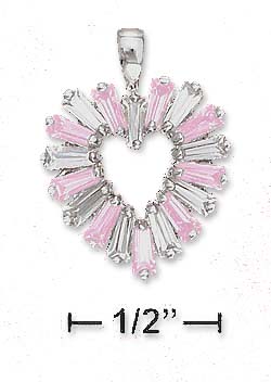 
Sterling Silver 17mm Heart Pendant Alternating Pink White Baguette Cubic Zirconias
