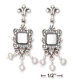 
Sterling Silver Fancy Post Dangle With Simulated Mother of Pearl Center Pearl Drops Earrings
