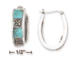 
Sterling Silver 7mm Hoop With Simulated Turquoise Marcasite French Lock Earrings
