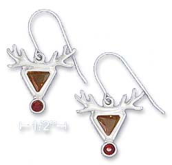 
Sterling Silver Cubic Zirconia Reindeer Red Nose French Wire Earrings
