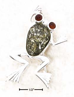 
Sterling Silver Green Amber Frog Pin With Honey Amber Eyes - 1.5 Inch
