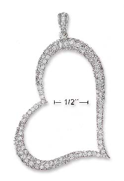 
Sterling Silver Lopsided Pave Cubic Zirconia Open Heart Pendant (Appr. 2.25 Inch)
