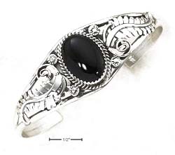 
Sterling Silver Simulated Onyx Cab Fancy Scroll Tapered Shank Cuff
