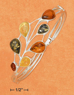 
Sterling Silver Multicolor Amber Teardrops Hinged Bracelet With Latch
