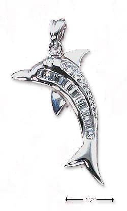 
Sterling Silver Dolphin Pendant Round Baguette Clear Cubic Zirconias
