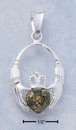 
Sterling Silver Open Claddaugh Pendant Green Amber Heart
