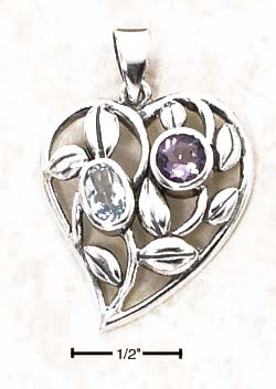 
Sterling Silver Heart With Leaves Lattice Blue Topaz Amethyst Pendant
