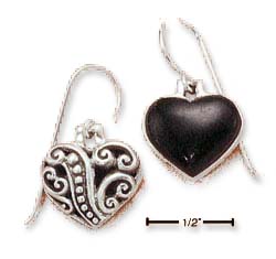 
Sterling Silver Black Simulated Onyx Heart Earrings Scroll On Back
