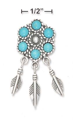 
SS Simulated Turquoise Flower Post Silver Feathers Dangle Earrings
