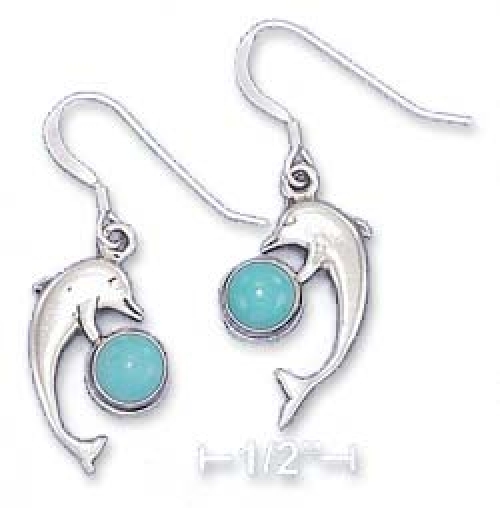 
Sterling Silver Dolphin Earrings 5mm Simulated Turquoise Cabochon 
