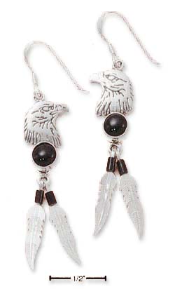 
Sterling Silver Eagle Head Earrings Simulated Onyx and 2 Feathers
