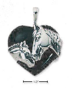 
Sterling Silver Mother Foal Horse-heads On Black Simulated Onyx Heart Pendant
