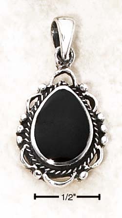 
Sterling Silver Simulated Onyx Tear Pendant With Roped Scalloped Beaded Edges
