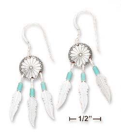 
Sterling Silver Concho Earrings With Simulated Turquoise Heshi Beads Feathers
