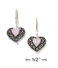 
Sterling Silver Marcasite Heart With Pink Cubic Zirconia Heart Centers Earrings
