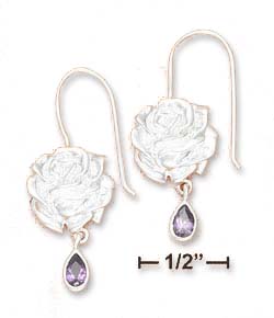 
Sterling Silver 13mm Rose Earrings With 3x5mm Purple Cubic Zirconia Tear Dangle
