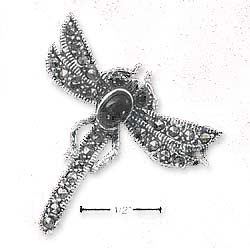 
Sterling Silver Marcasite Dragonfly Pin With Simulated Onyx Body Eyes
