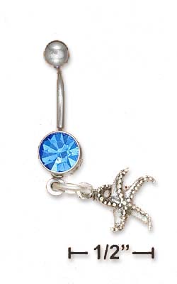 
Sterling Silver Belly Ring With Sapphire Gem Stone Star Fish Dangle
