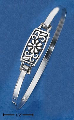 
Sterling Silver 3mm Bangle Bracelet With Floral Plate Hook Catches
