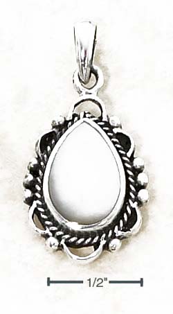 
Sterling Silver Simulated Mother of Pearl Tear Pendant With Roped Scalloped Beaded Edges
