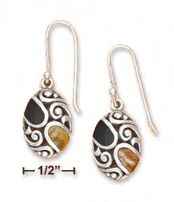 
Sterling Silver 12x18mm Filigree Earrings With Simulated Onyx Tigereye Inlay
