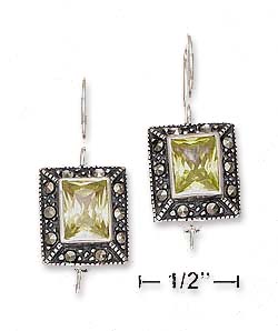 
Sterling Silver Marcasite Border With Lt Green Cubic Zirconia Centers Earrings
