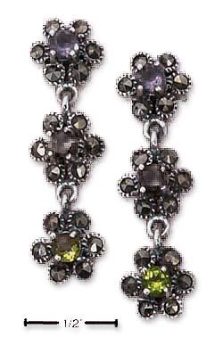 
Sterling Silver Marcasite Flower Post Drop Earrings With Multi Cubic Zirconias
