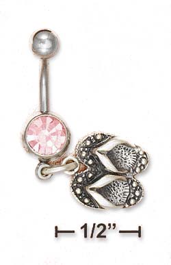 
Sterling Silver Belly Ring With Pink Ice Gemstone Flip Flop Dangle
