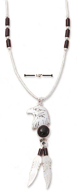 
Sterling Silver 16 Inch LS Necklace Eagle Head Simulated Onyx Dot Feathers
