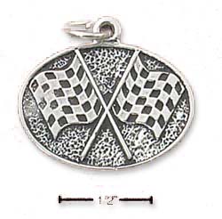 
Sterling Silver Antiqued Oval Checkered Flags Charm
