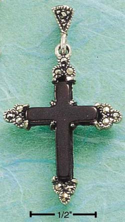 
Sterling Silver Marcasite Tipped Simulated Onyx Cross Pendant
