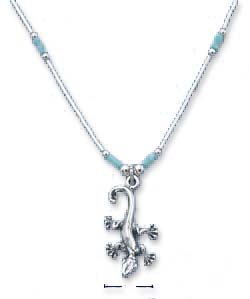 
Sterling Silver 16 Inch LS Necklace Simulated Turquoise Beads Gecko Charm

