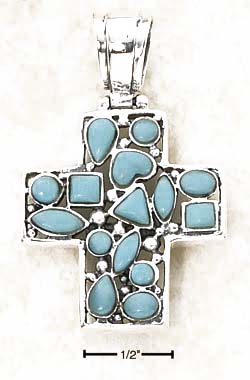 
Sterling Silver Simulated Turquoise Mosaic Stones On Hinged CroSterling Silver Pendant
