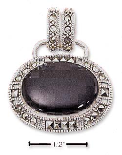 
Sterling Silver Marcasite Large Oval Simulated Onyx Pendant
