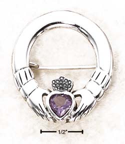 
Sterling Silver Claddaugh Pin With Heart Amethyst
