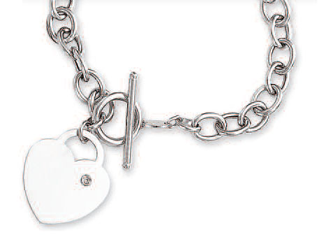 
14k White Bold Heart Charm Toggle Diamond Bracelet - 7.5 Inc
